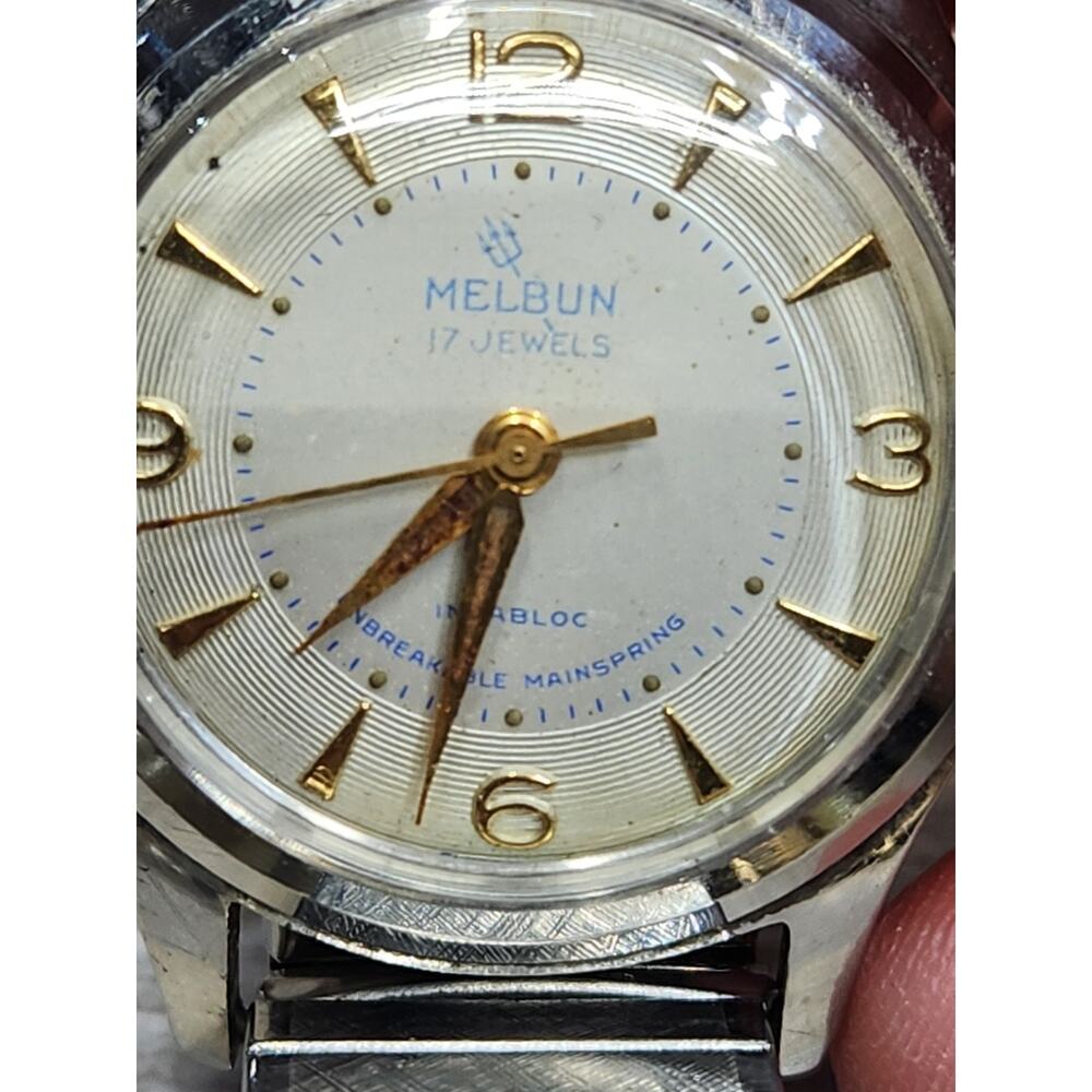 Vintage Melbun Incabloc Watch Mens 17 Jewels White Dial Military 1950s, Working - Picture 8 of 8